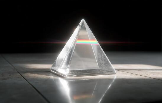 Elegant triangular prism diffracting light beams in a digital future ambiance over a dark reflective floor photo