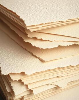 Close-up view of a stack of textured handmade paper, with torn edges and beautiful texture. photo