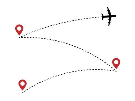 Plane route dashed line with red map pins, airplane journey diagram vector