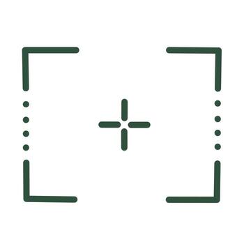 An icon of a green camera focus frame with center cross symbol representing photography, digital technology, and modern shooting interface design vector