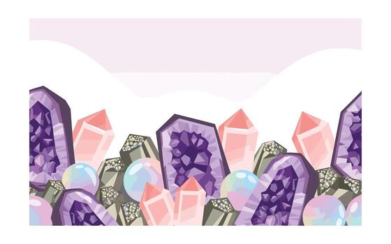 Crystal Collection Illustration Amethyst Geodes, Rose Quartz Points, and Orb Design for Mystical, Spiritual, and Decorative Elements, with Copy Space Above vector