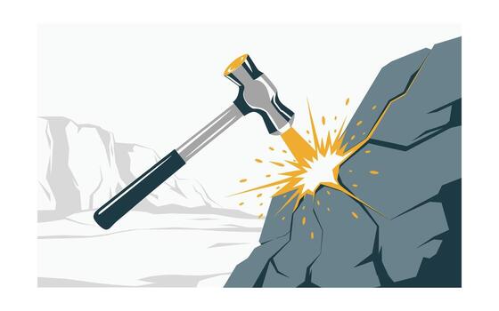ilustración de un martillo sorprendentes rock con chispas, representando rotura barreras, innovación, y nuevo descubrimientos en construcción y geológico exploración en blanco antecedentes vector