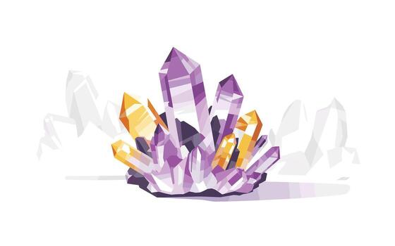 Geometric Crystal Cluster Amethyst and Citrine Mineral Specimen with Modern Art Style, Isolated on White Background, Colorful Design vector