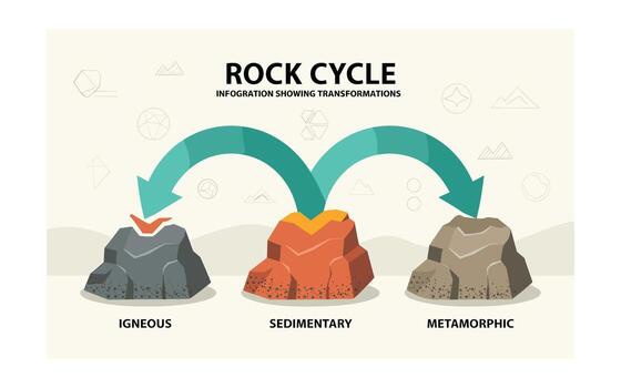 Rock Cycle Diagram Visual Infographic of Igneous, Sedimentary, and Metamorphic Rock Transformations in Earth Science Education Material with Arrows and Simple Design vector
