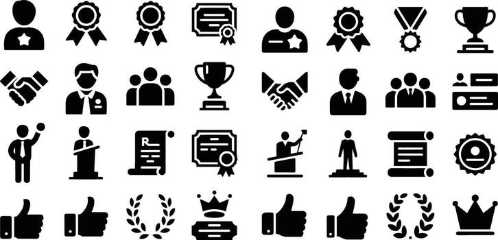 a collection of 16 solid black silhouette icons representing contributor credit, recognition, and acknowledgement concepts vector