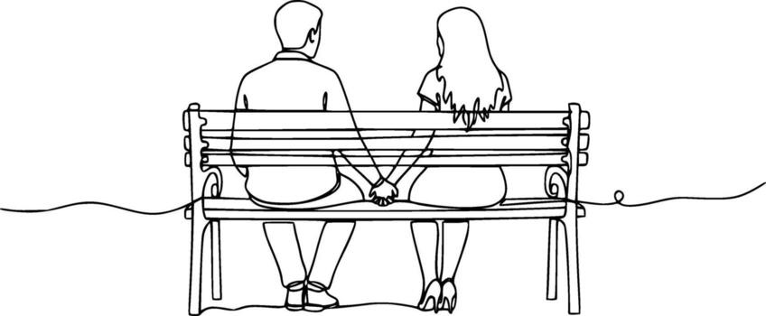 Continuous line minimalist sketch of a romantic couple holding hands while sitting on a bench vector