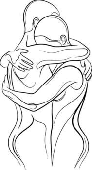 Abstract continuous line art of a couple hugging with flowing lines forming their bodies vector