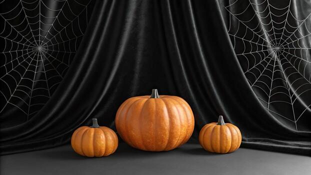 Mockup for Halloween. Three orange pumpkins sit on a dark surface, framed by a black backdrop with intricate spider webs, an autumnal and Halloween-themed atmosphere. photo