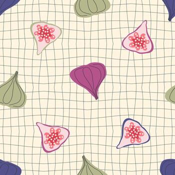 maravilloso estilo higos sin costura modelo en cuadrícula distorsionado antecedentes. estético impresión para tela, papel, textil. mano dibujado geométrico ilustración. vector