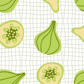 geométrico sin costura modelo con verde higos en cuadrícula distorsionado antecedentes. maravilloso impresión para tela, papel, textil. mano dibujado ilustración. vector