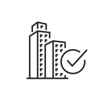 building with check mark icon, development architecture process, construction approved, thin line symbol on white background editable stroke illustration eps10 vector