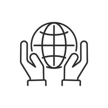 globe in the hands icon, holding earth planet, world save or conservation, community global support, thin line symbol on white background vector