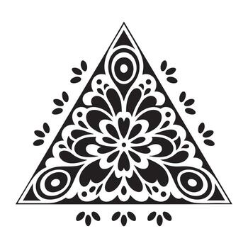 Bold Ornamental Triangular Mandala Repeating Symmetrical Motifs Intricate Detailing Pure Black Silhouette Centered On White Canvas vector