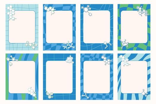 Groovy notebook sheets with molecular structures set including stickers and frames. vector