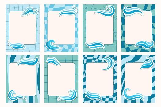 Groovy notebook sheets with water waves set including stickers and frames. vector
