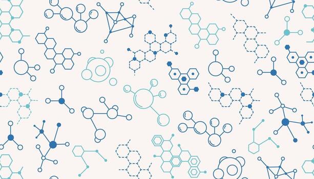Seamless pattern with thin line molecular structures on light background. vector