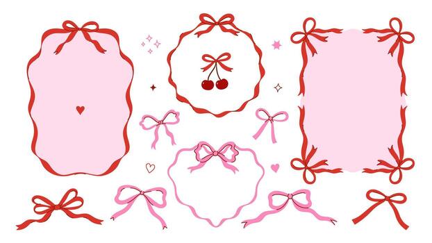 Set of frames made of ribbons and bows in pink and red colors. graphics. vector