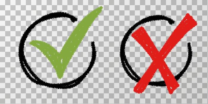 cepillar, marcador dibujado verde cheque marca y rojo cruzar circulo icono. si y No aceptación y rechazo símbolo botones para votar, elección elección. vector