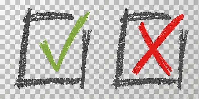 cepillar, marcador dibujado verde cheque marca y rojo cruzar cuadrado icono. si y No aceptación y rechazo símbolo botones para votar, elección elección. vector