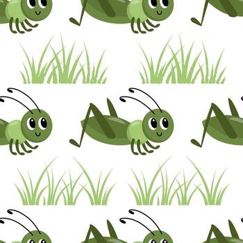 Cute grasshopper in the grass on a white background. Seamless pattern illustration for printing on fabric, wrapping paper, wallpaper. vector