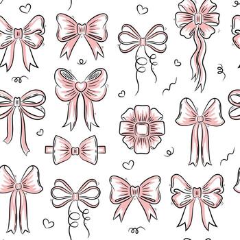 Tie bow pink color doodle sketch background. Hand drawn sketch bow and ribbon on white background. Seamless pattern. vector