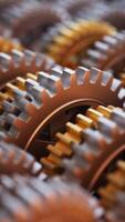 Looping 3D animation of interlocking gears in motion. video