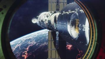 se från de Plats modul i de bana av de planet. första person se genom de porthål in i yttre Plats video