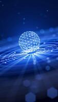 senza soluzione di continuità sci fi ciclo continuo di un' luminoso digitale sfera sopra dinamico blu griglia onde, che rappresentano futuristico tecnologia, ai, cyberspazio, e innovazione. video