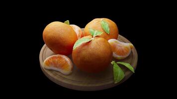 looping animering runt om en sammansättning av mandariner liggande på en trä- styrelse. slinga rörelse. alfa kanal. närbild video