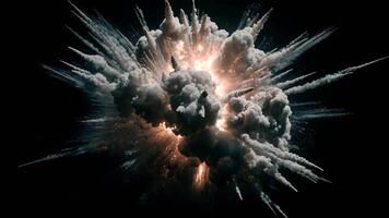 Radial explosion with dark smoke and bright fire bursts creating dramatic intense visual effect and sharp symmetrical smoke plumes in black background video
