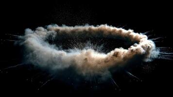 Radial dust explosion forming dynamic horizontal ring with smoke, particles, and circular cloud spreading powerfully black background creating video