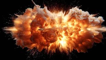 Realistic horizontal fireball explosion with intense bright flames and thick smoke bursting dynamically creating large fiery burst against dark video