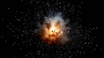 Explosion blast with bright fire, smoke, sparks, and particles spreading in dark space creating dynamic radial energy burst effect video