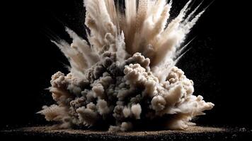 dramatisk kraftfull vertikal smuts explosion med lång damm moln spricker dynamiskt, skräp flygande mot svart bakgrund skapande intensiv energi video