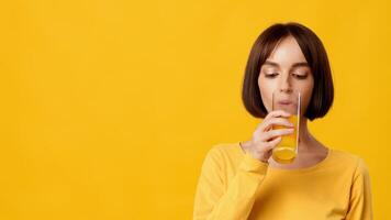 ein jung Frau mit Brünette Haar Schlucke von ein Glas gefüllt mit ein beschwingt Gelb Getränk. sie trägt ein einfach Gelb Spitze, einstellen gegen ein heiter Gelb Hintergrund, Kopieren Raum video