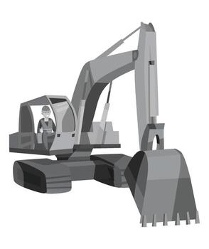 Excavator operator in a grey construction vehicle with a large bucket heavy machinery vector