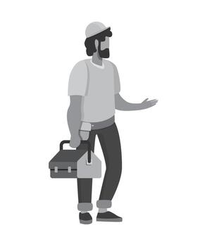 Bearded man in cap holding toolbox and gesturing with hand worker handyman vector