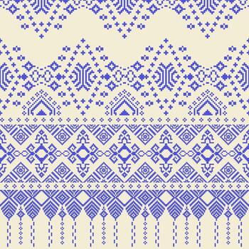 Thai fabric pattern in blue pixel style, abstract background vector