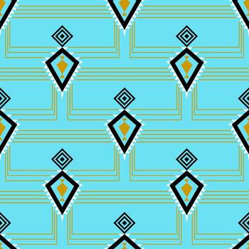 Seamless geometric pattern design combining sharp black lines with gold accents on a blue background. Perfect for web, fashion and interior design vector