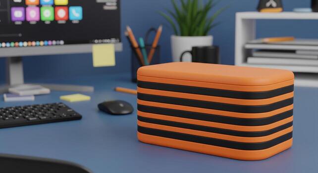 Closeup of a modern desk setup with a computer, keyboard, mouse, and various office supplies in a contemporary workspace photo