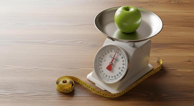 A fresh green apple on a kitchen scale with a measuring tape on a wooden table. A concept for diet, nutrition, weight loss, calorie counting, and a healthy lifestyle. photo