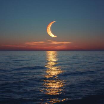 Serene Crescent Moon Reflecting on Calm Ocean Waters at Dusk photo