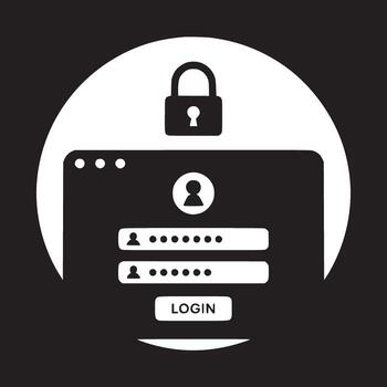 A black and white login screen with a padlock icon on a white circular background design element vector