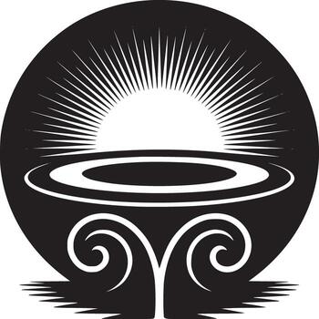 Black and white graphic design of a sun with rays over a bowl with swirling base in a circle shape vector