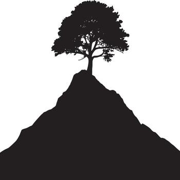 Silhouette of a tree on top of a hill with mountains in the background in black and white style vector