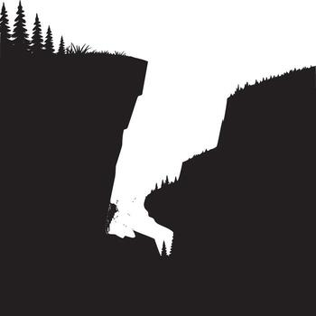 A grayscale illustration of a cliffside overlooking a river valley with pine trees and clouds vector