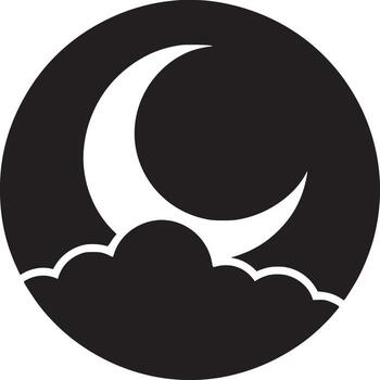 A stylized black and white image of a crescent moon partially obscured by a cloud within a circle vector