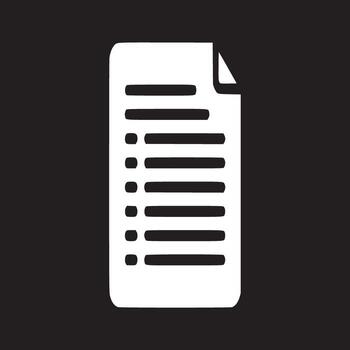 A white document icon with lines and bullet points on a black background minimalist illustration vector