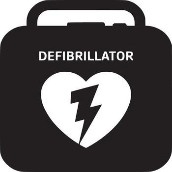 A black and white defibrillator icon with a heart and lightning bolt on a white background design style vector