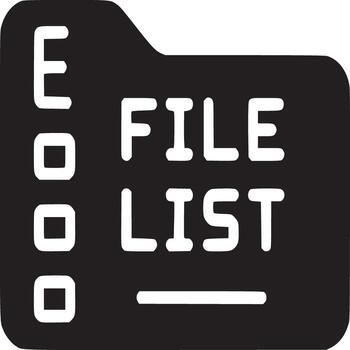 A black and white file list icon with a folder shape and text on a white background simple design vector